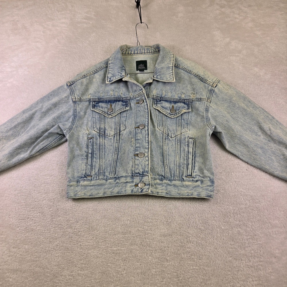 Wild Fable Womens XS Light Wash Distressed Denim Trucker Jacket Acid Wash Crop